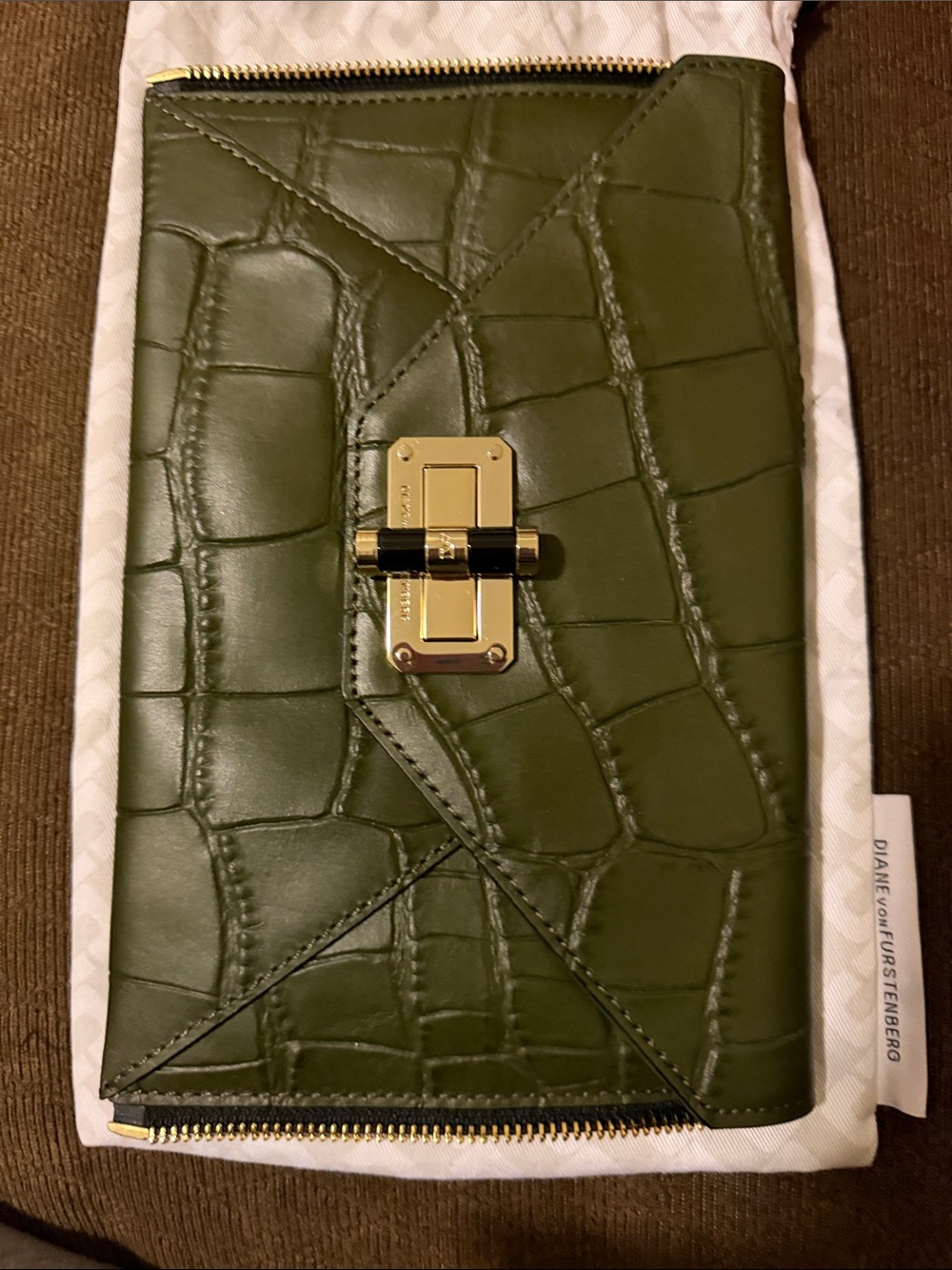 Diane von Furstenberg Olive Green Croc-Embossed Leather Clutch